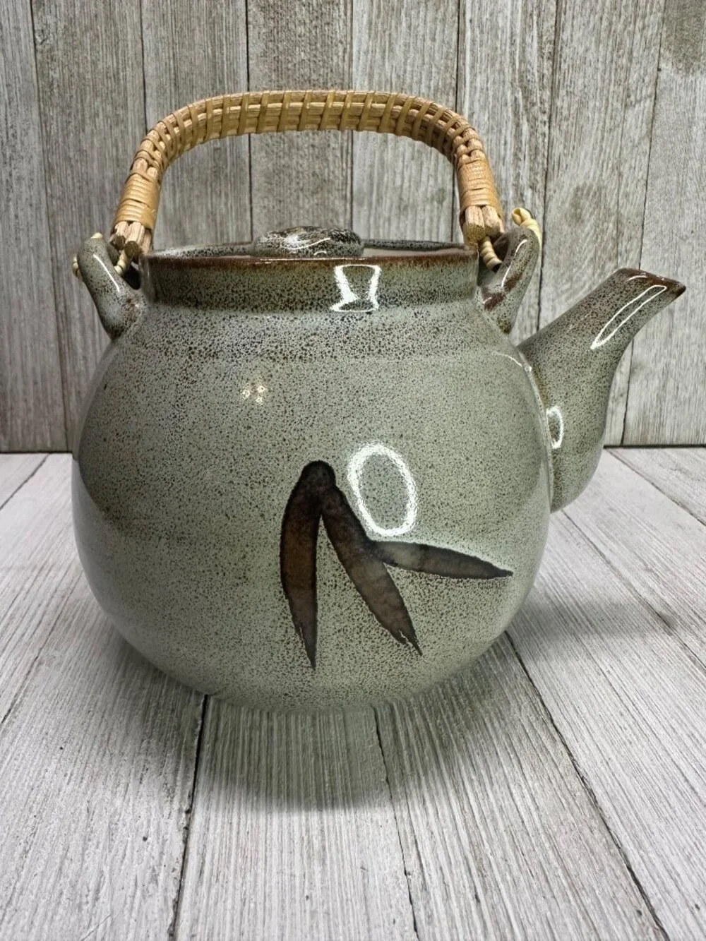 Vtg Japanese Teapot with Lid Painted Olive/Brown 5.5